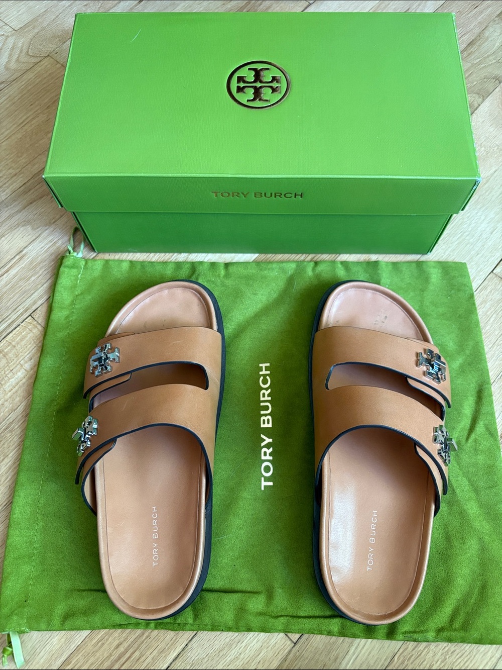Tory Burch Tan Leather Double-Strap Logo Slide Sandals